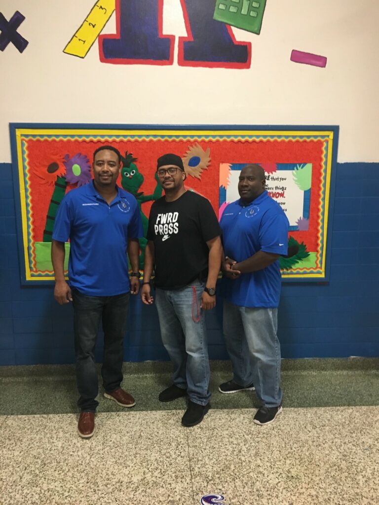 WM Houston,  Principal Collins & Bro. Mike Roberts after 2018 Backpack Donation Kashmere Elementary